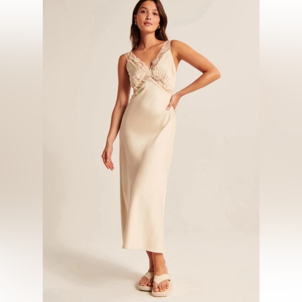 Satin slip midi dress with lace